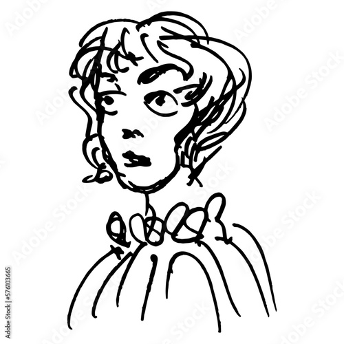 Portrait of a pretty blonde girl. Hand drawn linear doodle rough sketch. Black silhouette on white background.