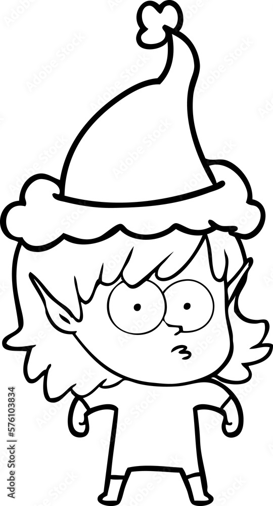 line drawing of a elf girl staring wearing santa hat line drawing of a elf girl staring wearing santa hat