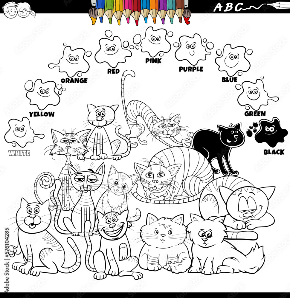 basic colors with cartoon cats coloring page