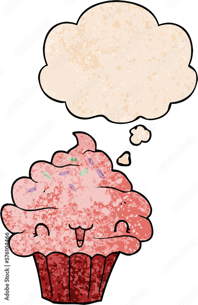 cute cartoon frosted cupcake and thought bubble in grunge texture pattern style