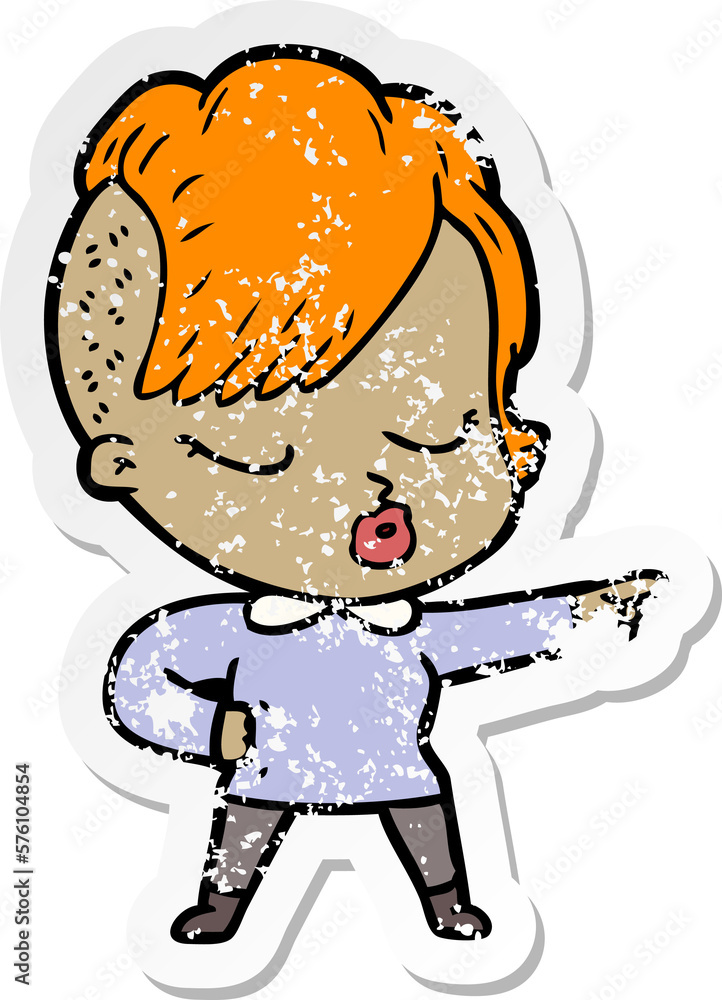 distressed sticker of a cartoon pretty hipster girl distressed sticker of a cartoon pretty hipster girl