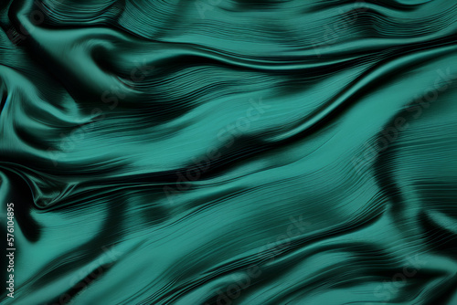 Black green abstract background. Dark green silk satin texture background. Beautiful wavy soft folds on the surface of the fabric. Teal elegant background with copy space for design