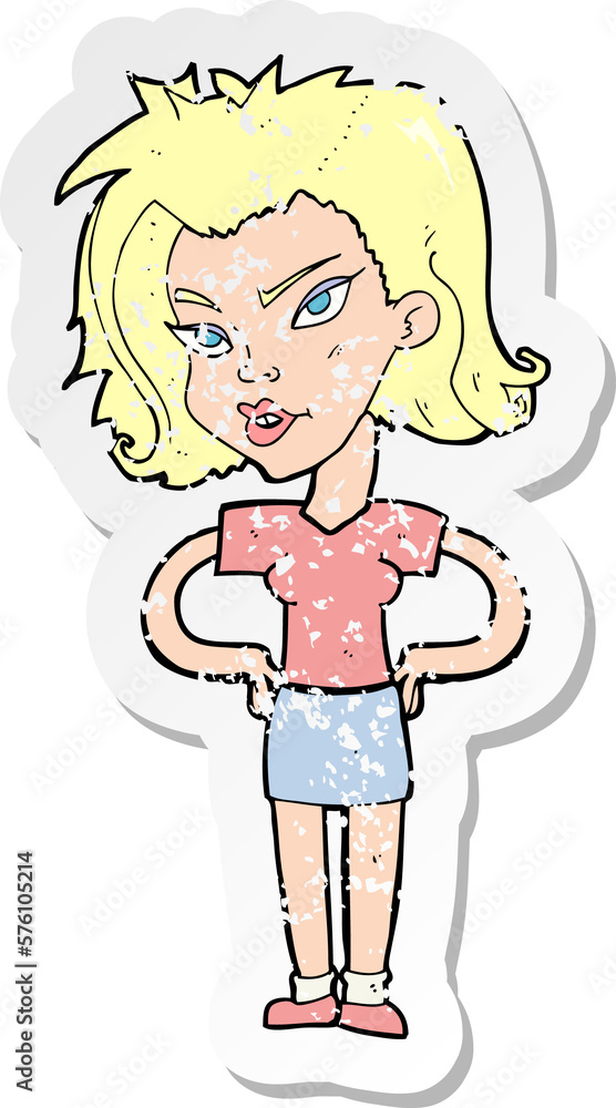 retro distressed sticker of a cartoon woman with hands on hips retro distressed sticker of a cartoon woman with hands on hips