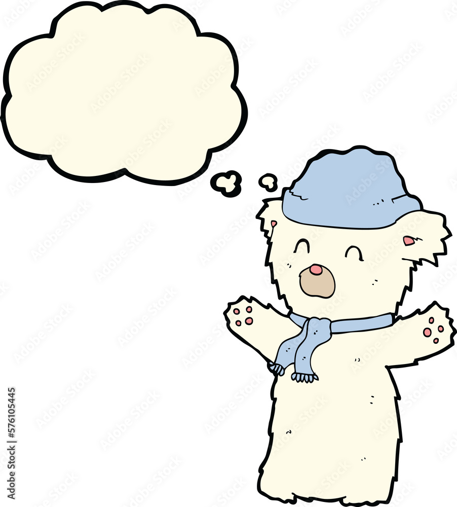cartoon cute polar bear in hat and scarf with thought bubble
