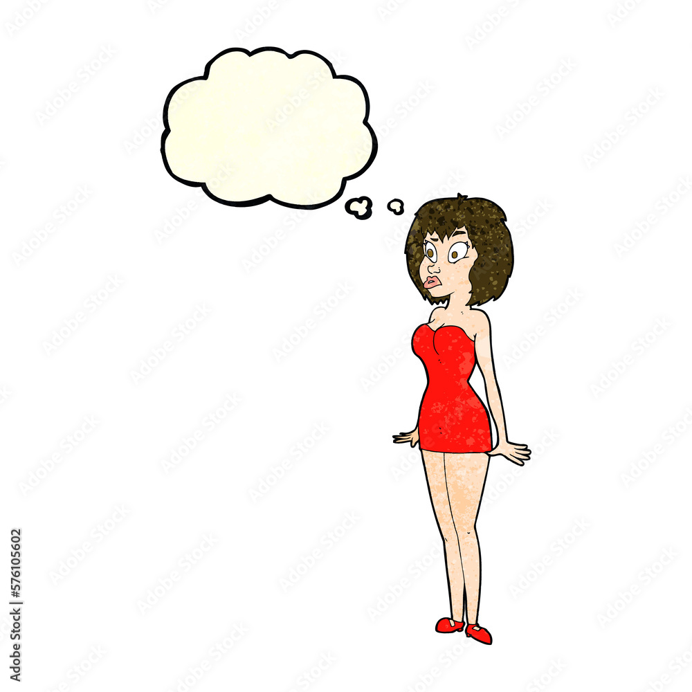 cartoon surprised woman in short dress with thought bubble cartoon surprised woman in short dress with thought bubble