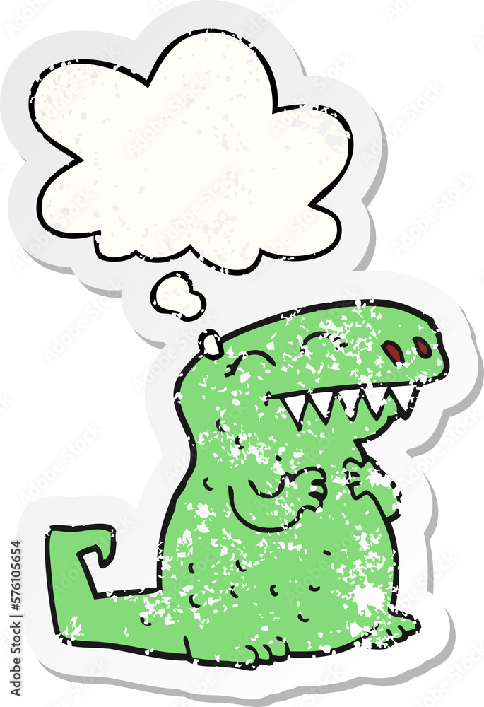cartoon dinosaur and thought bubble as a distressed worn sticker cartoon dinosaur and thought bubble as a distressed worn sticker