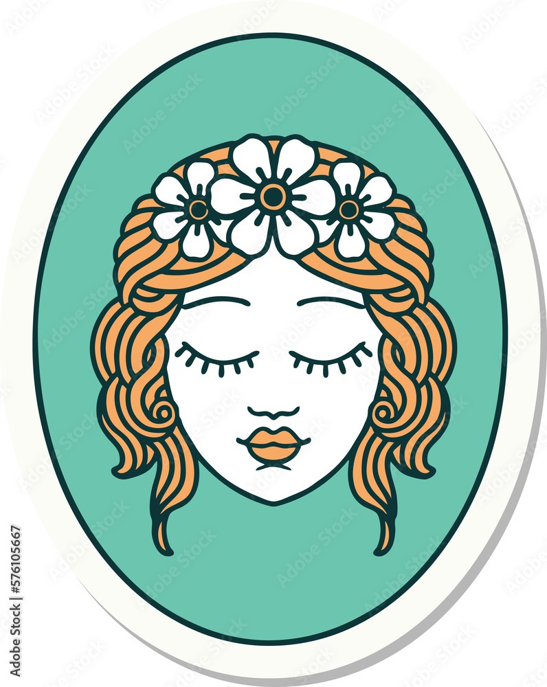 tattoo style sticker of a maiden with eyes closed tattoo style sticker of a maiden with eyes closed