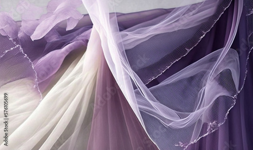  a purple and white dress with sheer fabric on the bottom. generative ai © Anna