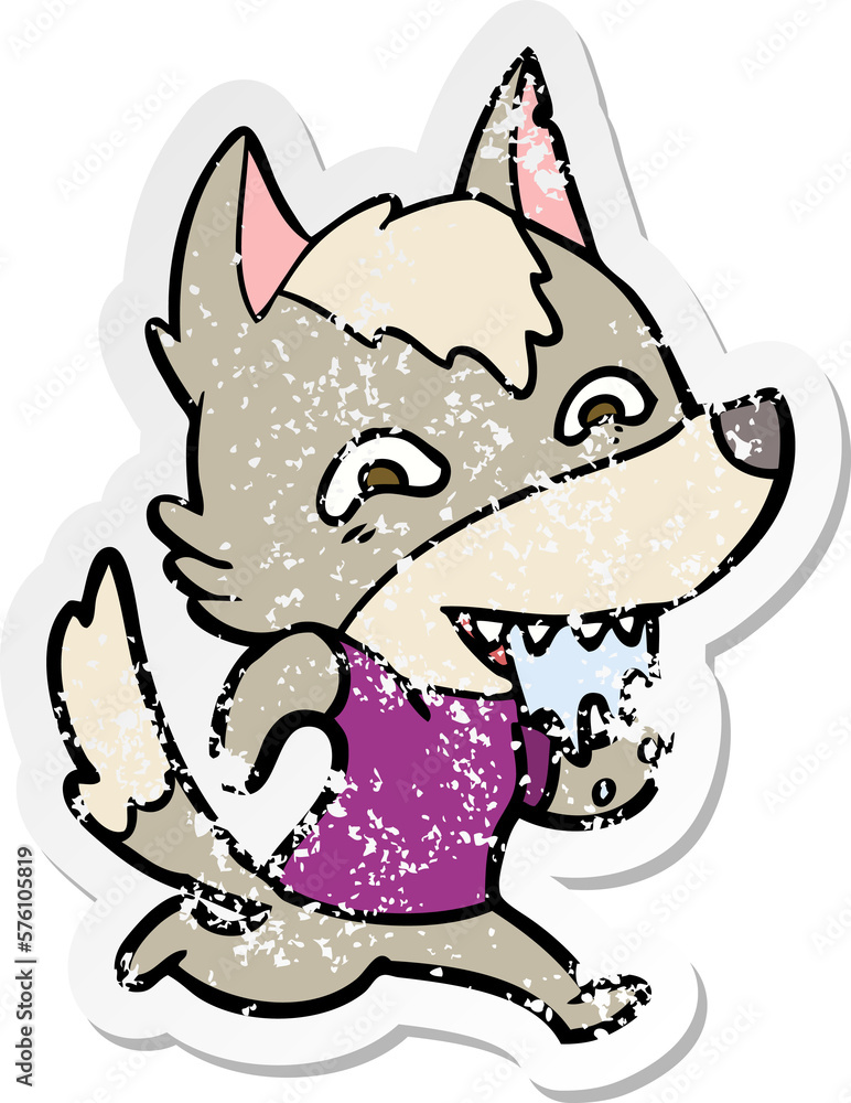 distressed sticker of a cartoon hungry wolf distressed sticker of a cartoon hungry wolf
