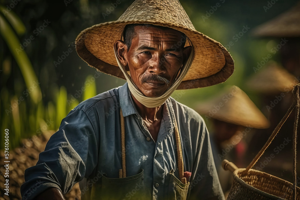 Traditional farmers working in the lush green rice fields of Bali AI GENERATIVE