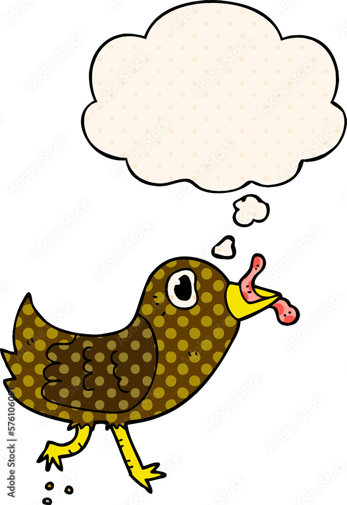 cartoon bird with worm and thought bubble in comic book style cartoon bird with worm and thought bubble in comic book style