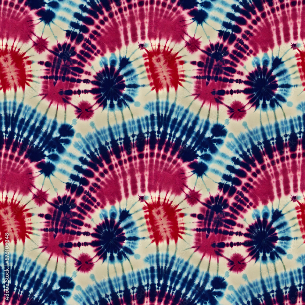 Colorful tie dye style seamless pattern. Hippie batik ornament background. Generative AI