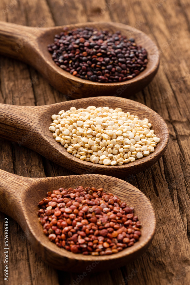 Chenopodium quinoa - White, red and brown quinoa seeds in spoon Chenopodium quinoa - White, red and brown quinoa seeds in spoon