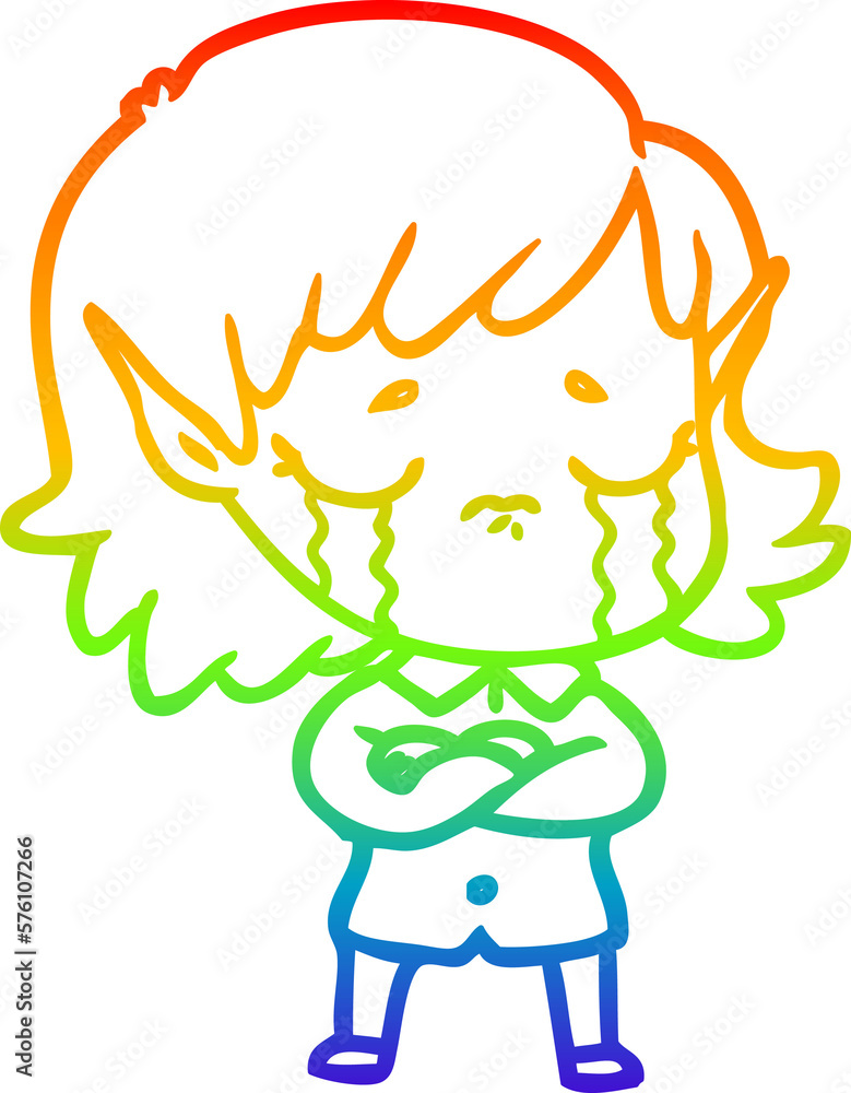 rainbow gradient line drawing cartoon crying elf girl rainbow gradient line drawing cartoon crying elf girl
