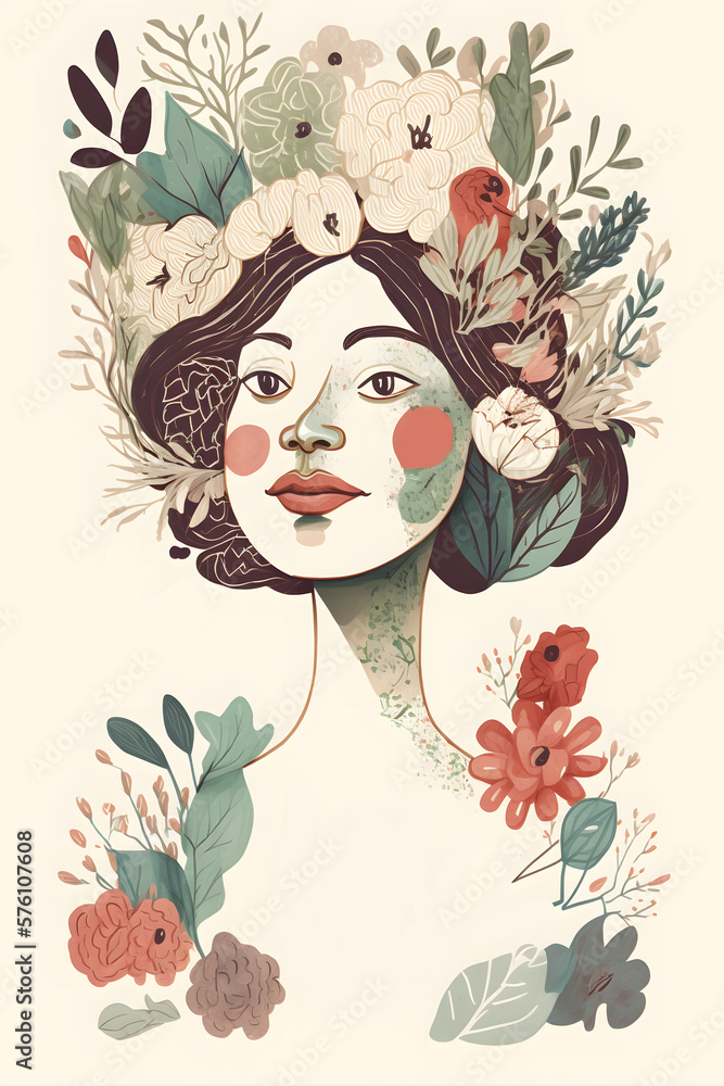 Woman floral generative AI illustration