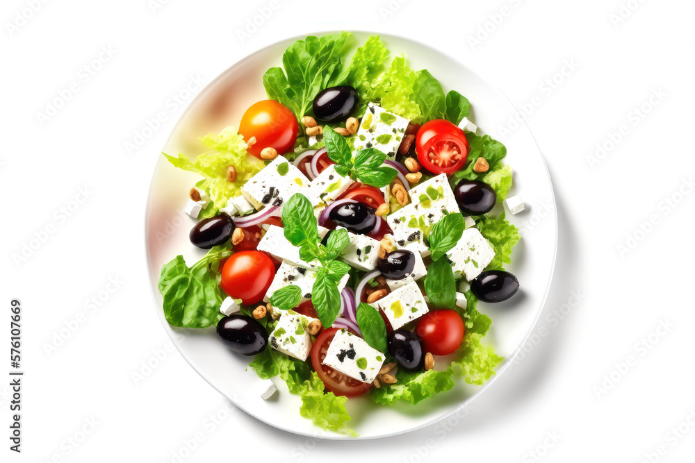 Delicious Tasty Greek Salad  in a Wooden Bowl. Healthy Food, Fresh Vegetables with Sauce. Isolated on a white Background. Generative AI.