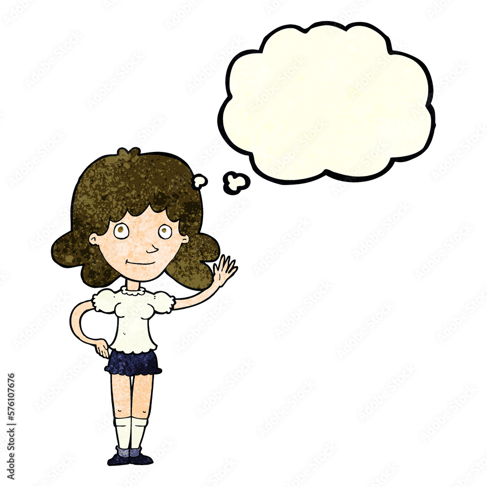 cartoon woman waving with thought bubble cartoon woman waving with thought bubble