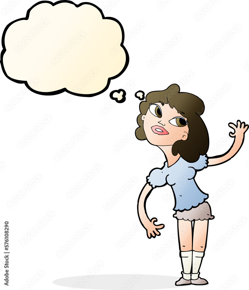 cartoon woman waving with thought bubble cartoon woman waving with thought bubble