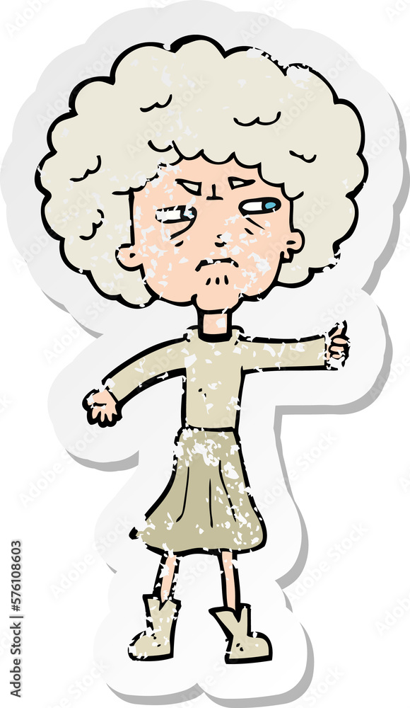 retro distressed sticker of a cartoon annoyed old woman retro distressed sticker of a cartoon annoyed old woman