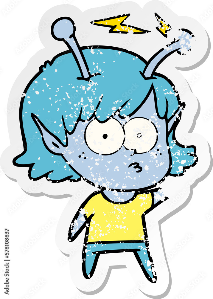 distressed sticker of a cartoon alien girl distressed sticker of a cartoon alien girl