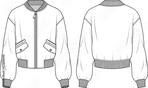 Women's Front Flap Pockets Detail Bomber Jacket. Technical fashion illustration. Front and back, white color. unisex CAD mock-up.