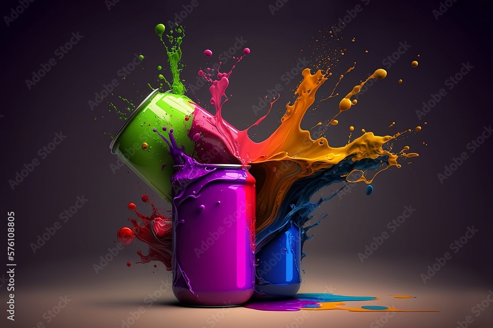 Colorful can of paint is being poured into a colorful can. Vibrant