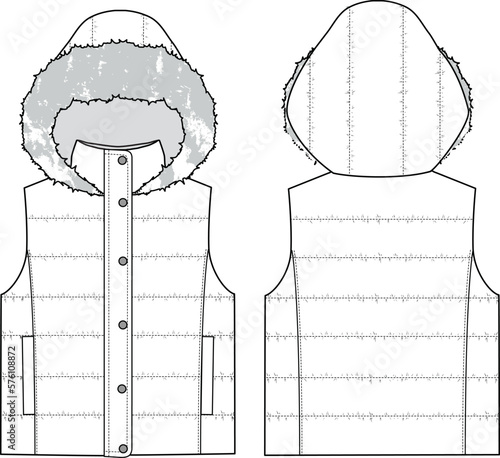 Women's Fur Hooded Puffer Gilet. Technical fashion illustration. Front and back, white color. Unisex CAD mock-up.