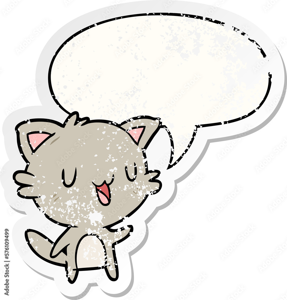 cartoon happy cat and speech bubble distressed sticker cartoon happy cat and speech bubble distressed sticker