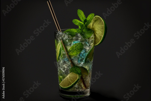 mojito cocktail on a dark background, super photo realistic background, generative ai