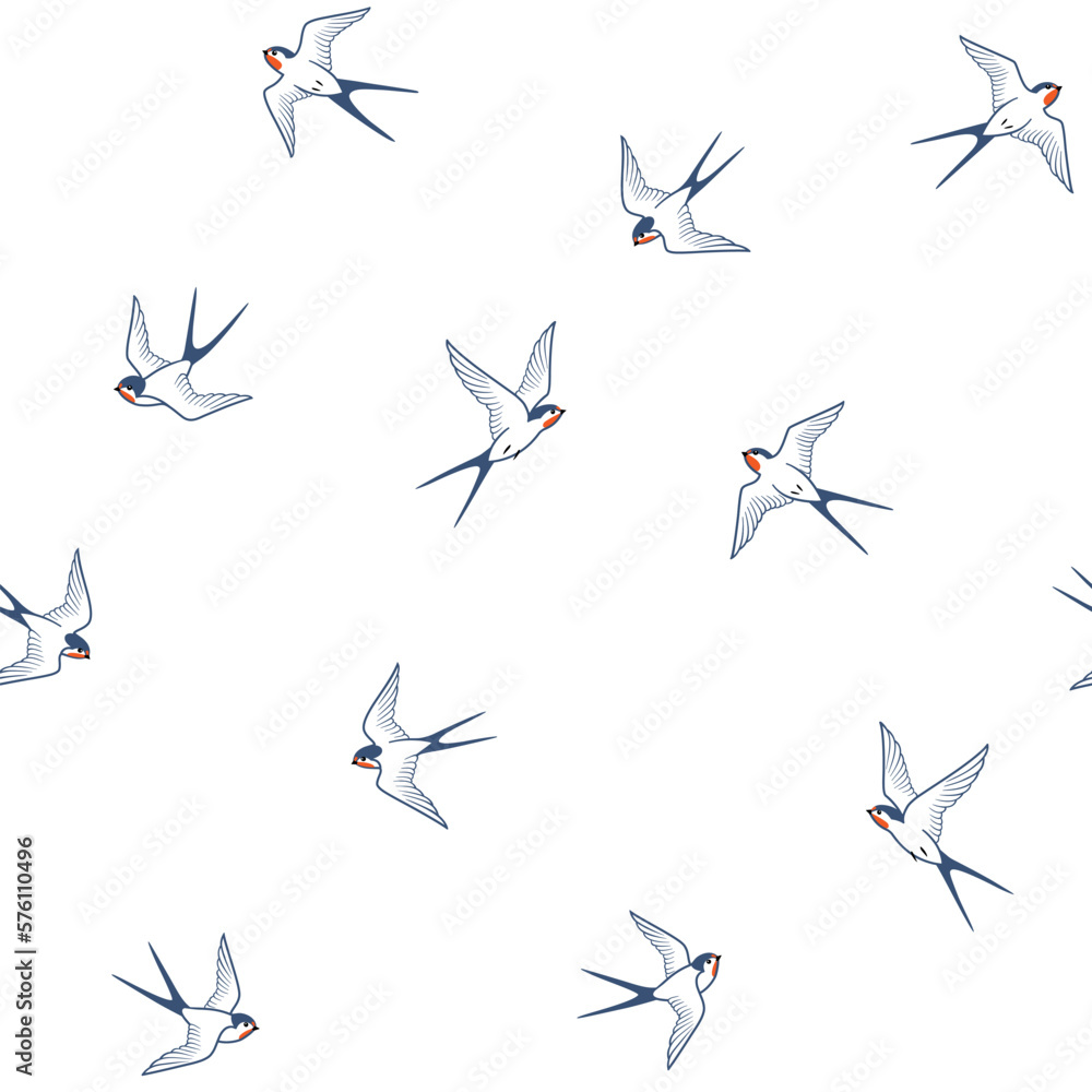 Seamless pattern of line art decorative swallows birds on white background. Minimal art abstract background, textile design, wrapping paper of flying birds.