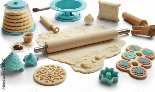  a variety of cookie decorating supplies including a rolling pin. generative ai