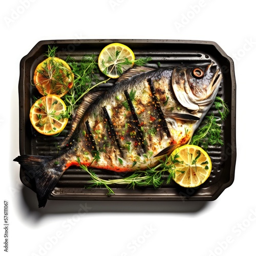 Tasty Delicious Juicy Grilled Fish on Iron Pan with rosemary and sauce. Isolated on a white Background . Generative AI.