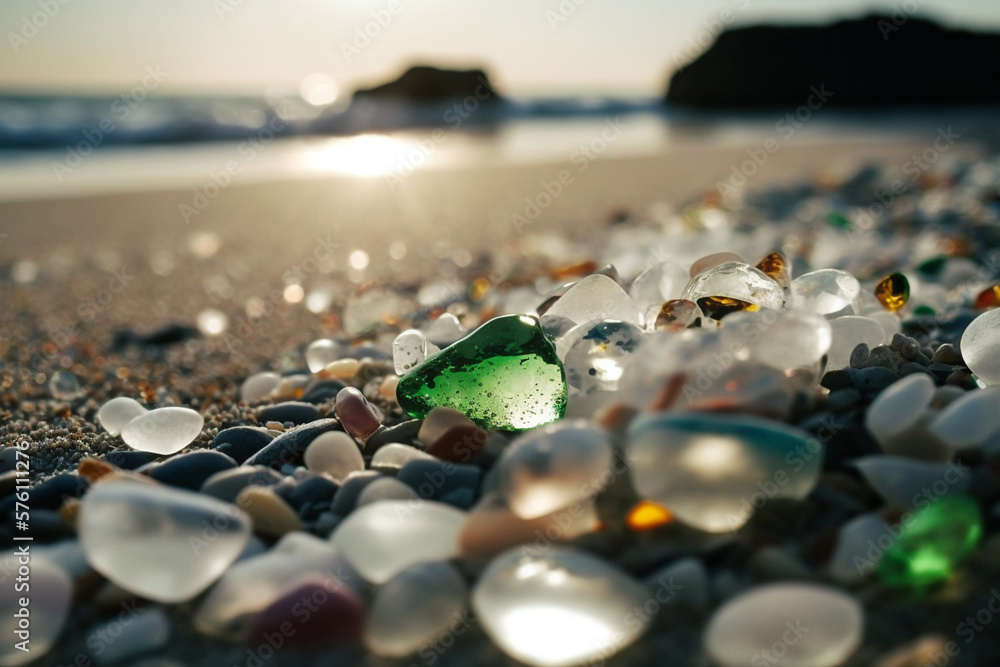 A green glass piece is laying on the beach. A green glass piece is laying on the beach.