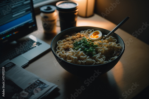 A bowl of ramen with a cup of egg on a table next to a laptop.