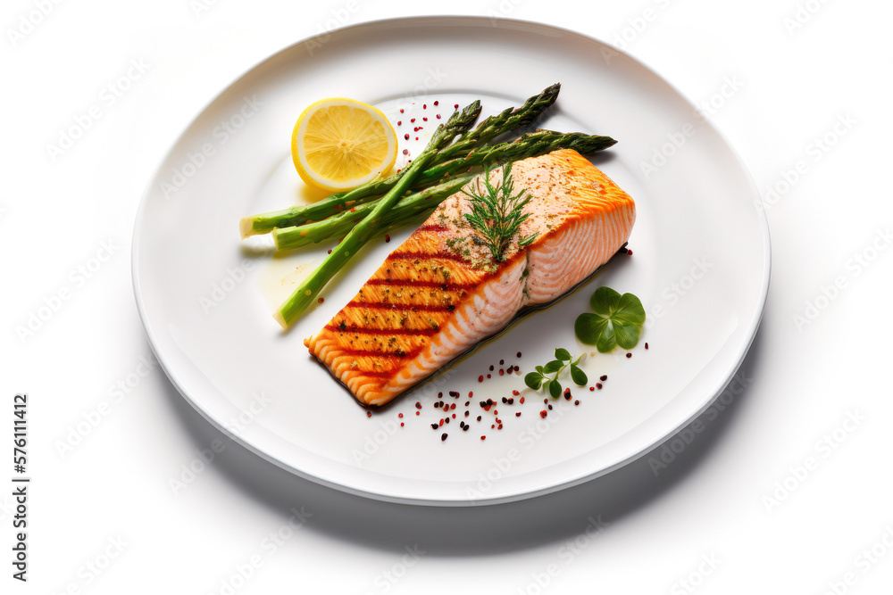 Tasty Delicious Juicy Salmon Steak with Vegetables and sauce on a Plate. Isolated on a white Background . Generative AI. Tasty Delicious Juicy Salmon Steak with Vegetables and sauce on a Plate. Isolated on a white Background . Generative AI.