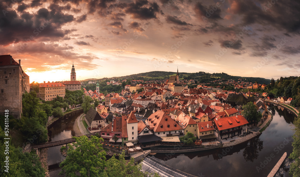 Panoramic sunset view over the old Town of Cesky Krumlov, Czech Republic