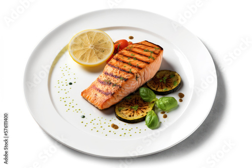 Tasty Delicious Juicy Salmon Steak with Vegetables and sauce on a Plate. Isolated on a white Background . Generative AI.