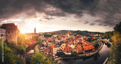 Panoramic sunset view over the old Town of Cesky Krumlov, Czech Republic
