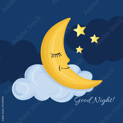 Cute yellow half-moon in the night sky with stars and lettering good night.