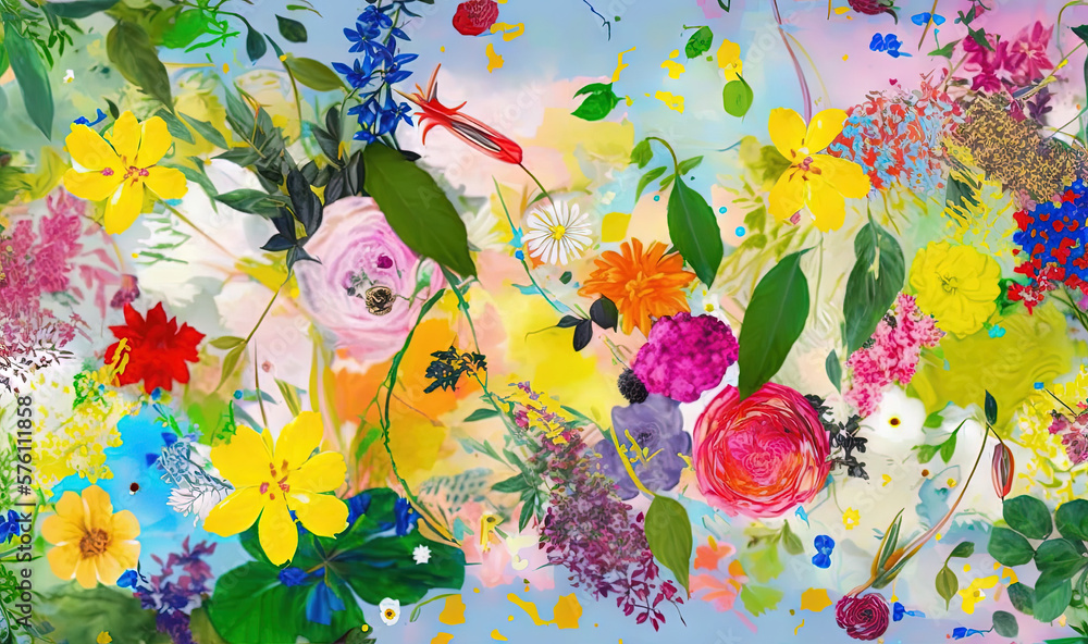 a painting of a bunch of flowers on a blue background. generative ai a painting of a bunch of flowers on a blue background. generative ai
