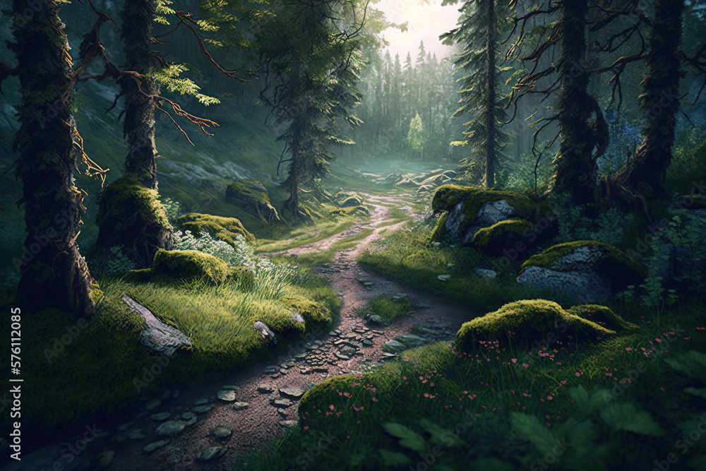 beautiful forest light grassy path, art illustration 