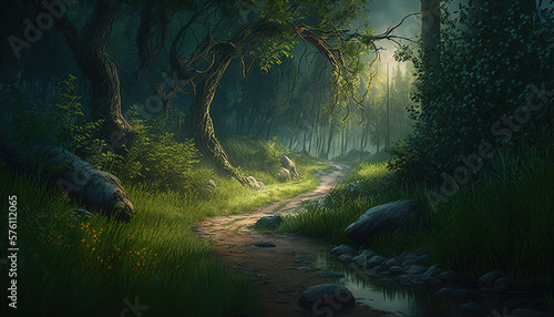 beautiful forest light grassy path  art illustration 