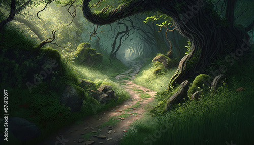 beautiful forest light grassy path, art illustration 