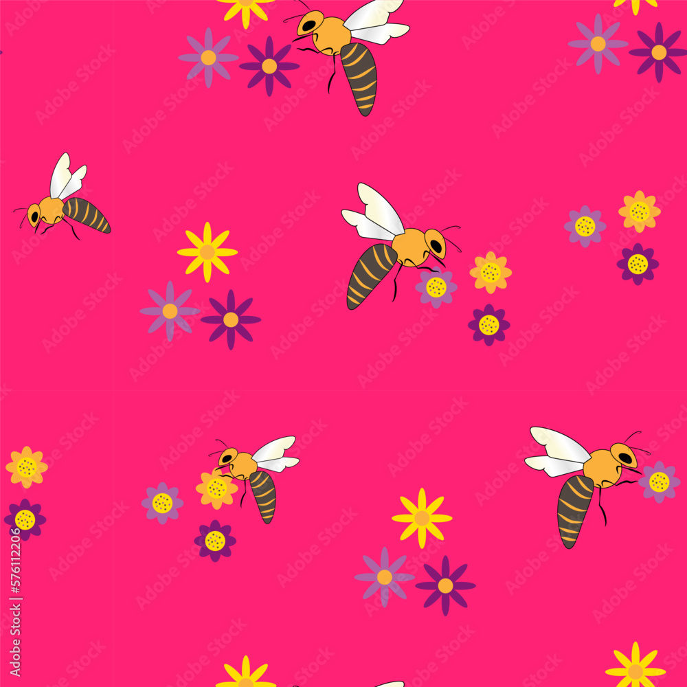 Fototapeta premium Seamless vector pattern of bees and flowers on red background. Drawing for children's textiles, books
