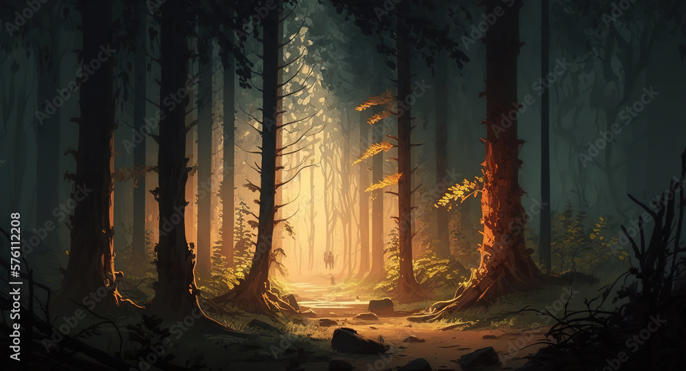 forest warm atmospheric lighting painting, art illustration 