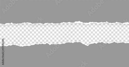 Realistic, torn, ripped strip of dark grey paper with a light shadow on a transparent background. Torn cardboard.