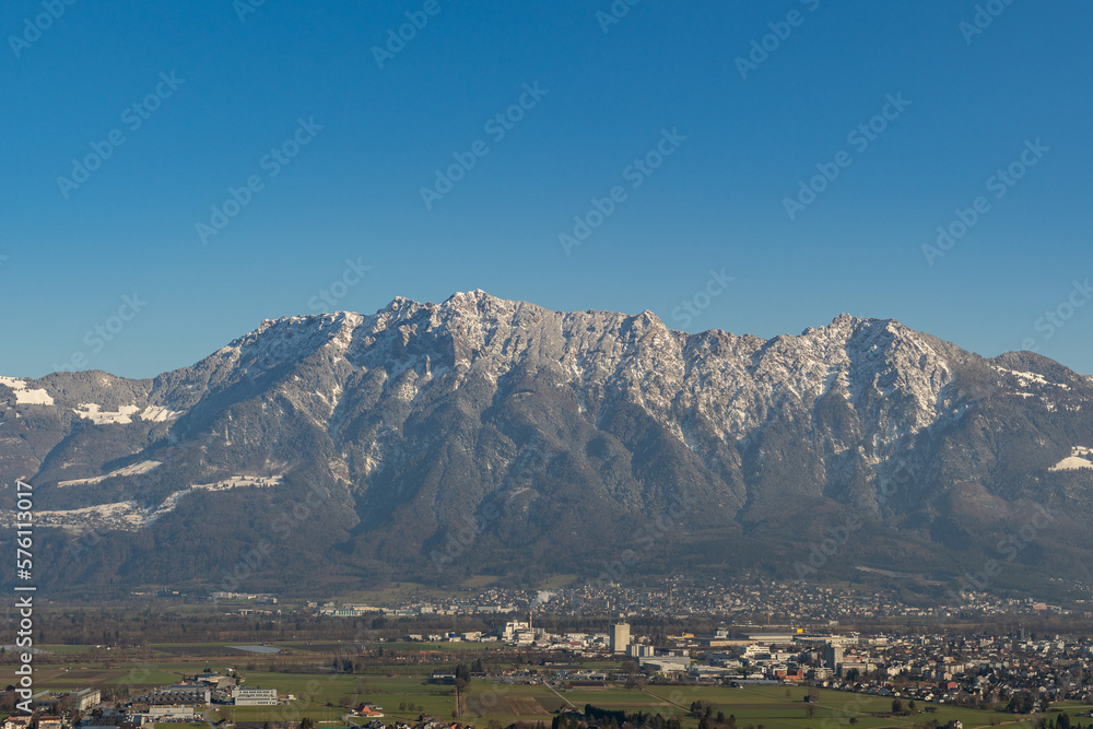 Snow covered mountain panorama in Grabs in Switzerland