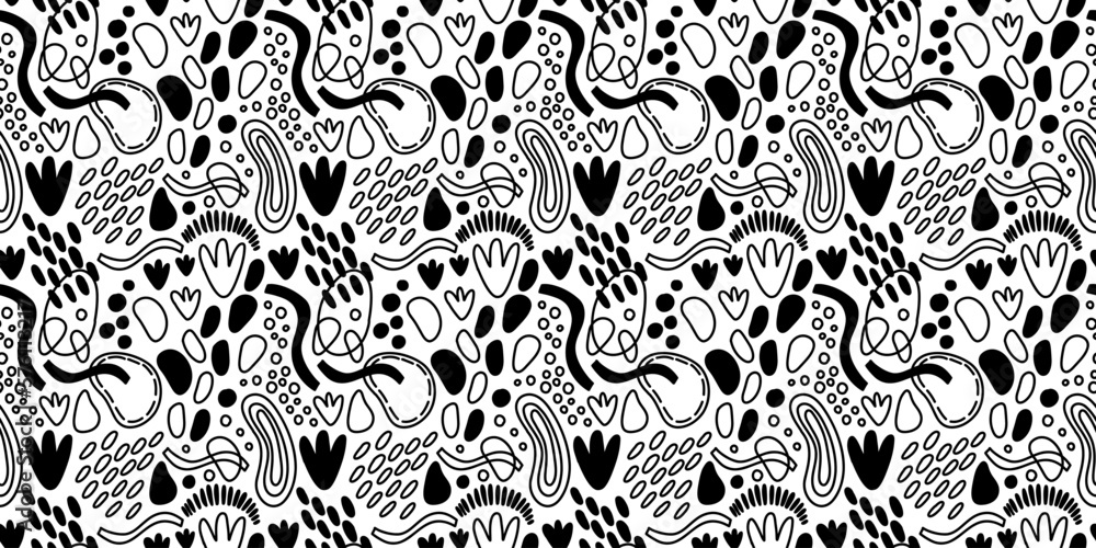 Vector seamless pattern. Abstract repetitive ornament for surface design, printing on paper and fabric. Handdrawn waves, shapes, circles, flowers, leaves, branches. Background for social media post.
