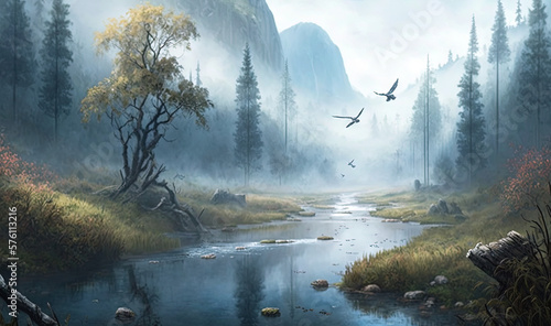 a painting of a forest scene with a river and birds. generative ai