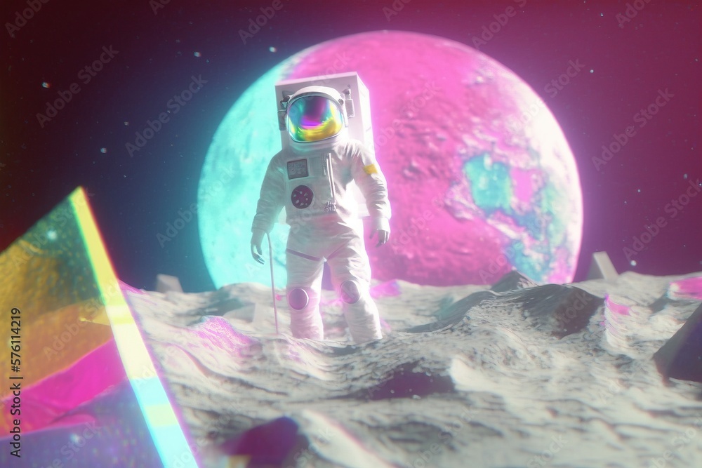 Astronaut on the moon lo-fi retro 80s and 90s background. Psychic Waves, nostalgia, vintage. Vaporwave, synthwave, chillwave. Wallpaper, template. Blurry pastel colors. Generative AI.